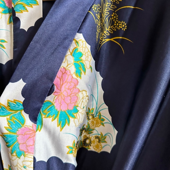 Vintage Robe Long Geisha Kimono Silver Dragon Blue De Oriental Small Medium - Picture 14 of 16